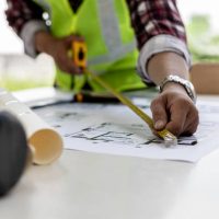 The male architect uses a tape measure to measure the house designs, he is checking the house plans that he has designed before sending it to the customers, he designs the house and the interior.